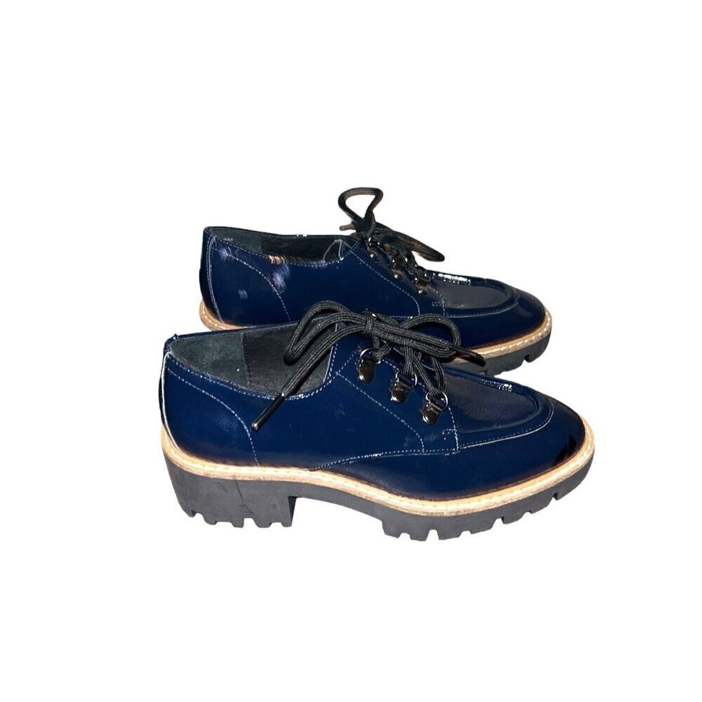 Donald Pliner Evans Crinkle Navy Blue Patent Oxford Preppy Loafers Women size 5